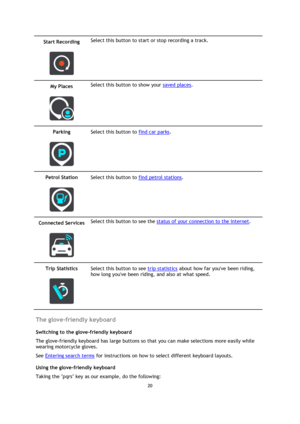 Page 2020 
 
 
 
Start Recording 
 
 
Select this button to start or stop recording a track.  
My Places 
 
 
Select this button to show your saved places. 
Parking 
 
 
Select this button to find car parks. 
Petrol Station 
 
 
Select this button to find petrol stations. 
Connected Services 
 
 
Select this button to see the status of your connection to the internet. 
Trip Statistics 
 
 
Select this button to see trip statistics about how far youve been riding, 
how long youve been riding, and also at what...