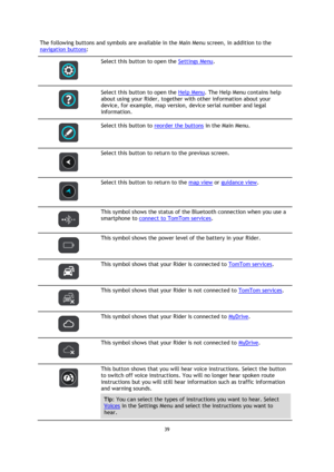 Page 3939 
 
 
 
The following buttons and symbols are available in the Main Menu screen, in addition to the 
navigation buttons: 
 
 
Select this button to open the Settings Menu. 
 
 
Select this button to open the Help Menu. The Help Menu contains help 
about using your Rider, together with other information about your 
device, for example, map version, device serial number and legal 
information. 
 
 
Select this button to reorder the buttons in the Main Menu. 
 
 
Select this button to return to the...