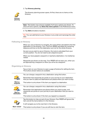Page 3030
2. Tap Itinerary planning.
Note: This button may only be available if all menu options are shown. To 
show all menu options, tap Show ALL menu options in the Preferences menu.
3. Tap Add and select a location.
Tip: You can add items to your Itinerary in any order and rearrange the order 
later.
Following an Itinerary
When you use an Itinerary to navigate, the route will be calculated to the first 
destination on the Itinerary. Your TomTom RIDER calculates the remaining 
distance and time to the first...