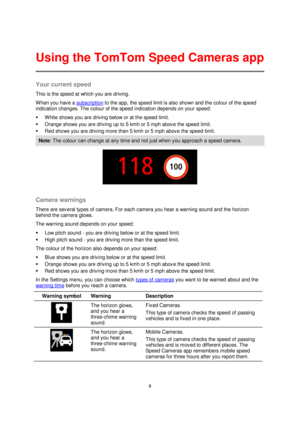 Page 88 
 
 
 
Your current speed 
This is the speed at which you are driving.  
When you have a subscription to the app, the speed limit is also shown and the colour of the speed 
indication changes. The colour of the speed indication depends on your speed: 
 White shows you are driving below or at the speed limit. 
 Orange shows you are driving up to 5 kmh or 5 mph above the speed limit. 
 Red shows you are driving more than 5 kmh or 5 mph above the speed limit. 
Note: The colour can change at any time...