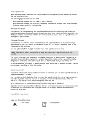 Page 3333 
 
 
 
About postcodes 
When searching using a postcode, your results depend on the type of postcode used in the country 
that you are searching in. 
The following types of postcodes are used: 
 Postcodes that navigate you to a street or part of a street. 
 Postcodes that navigate you to an area comprising, for example, a single town, several villages 
in a rural area or a district in a large city. 
Postcodes for streets 
Countries such as the Netherlands and the United Kingdom use this type of...