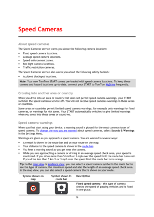 Page 7979 
 
 
 
About speed cameras 
The Speed Cameras service warns you about the following camera locations: 
 Fixed speed camera locations. 
 Average speed camera locations. 
 Speed enforcement zones. 
 Red light camera locations. 
 Traffic restriction cameras. 
The Speed Cameras service also warns you about the following safety hazards: 
 Accident blackspot locations. 
Note: Your new TomTom START comes pre-loaded with speed camera locations. To keep these 
camera and hazard locations up-to-date,...