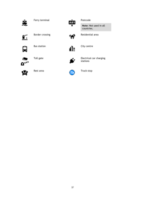 Page 3737 
 
 
 
 
Ferry terminal 
 
Postcode 
Note: Not used in all 
countries. 
 
Border crossing 
 
Residential area 
 
Bus station 
 
City centre 
 
Toll gate 
 
Electrical car charging 
stations 
 
Rest area 
 
Truck stop 
  