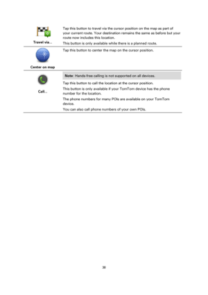 Page 3838 
 
 
 
 
Travel via...  
Tap this button to travel via the cursor position on the map as part of 
your current route. Your destination remains the same as before but your 
route now includes this location. 
This button is only available while there is a planned route. 
 
Center on map  
Tap this button to center the map on the cursor position. 
 
Call...  
Note: Hands-free calling is not supported on all devices. 
Tap this button to call the location at the cursor position. 
This button is only...