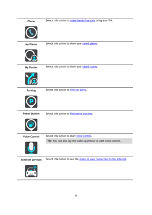 Page 2020 
 
 
 
Phone 
 
 
Select this button to make hands-free calls using your VIA. 
My Places 
 
 
Select this button to show your saved places. 
My Routes 
 
 
Select this button to show your saved routes. 
Parking 
 
 
Select this button to find car parks. 
Petrol Station 
 
 
Select this button to find petrol stations. 
Voice Control 
 
 
Select this button to start voice control. 
Tip: You can also say the wake-up phrase to start voice control. 
TomTom Services 
 
 
Select this button to see the status...