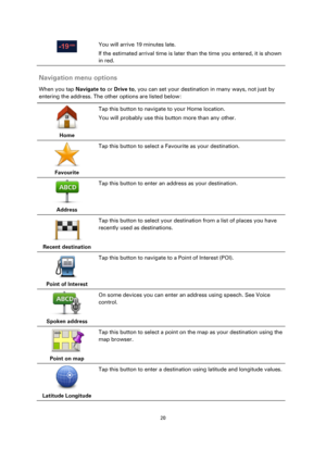 Page 2020 
 
 
 
  
You will arrive 19 minutes late. 
If the estimated arrival time is later than the time you entered, it is shown 
in red.  
Navigation menu options 
When you tap Navigate to or Drive to, you can set your destination in many ways, not just by 
entering the address. The other options are listed below: 
 
Home  
Tap this button to navigate to your Home location. 
You will probably use this button more than any other. 
 
Favourite  
Tap this button to select a Favourite as your destination....