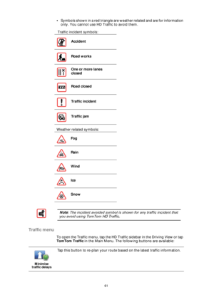 Page 6161
• Symbols shown in a red triangle are weather related and are for information 
only. You cannot use HD Traffic to avoid them.
 Traffic incident symbols:
Weather related symbols:
Traffic menu
To open the Traffic menu, tap the HD Traffic sidebar in the Driving View or tap 
TomTom Traffic in the Main Menu. The following buttons are available: Accident
Road works
One or more lanes 
closed
Road closed
Traffic incident
Traffic jam
Fog
Rain
Wind
Ice
Snow
Note: The incident avoided symbol is shown for any...