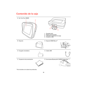 Page 24Contenido de la caja
26
Conte-
nido de 
la caja
* No incluidos con todos los productos.ASu TomTom RIDER
1. Pantalla táctil
2. Botón de encendido
3. Indicador luminoso de carga
4. Conector USB
BSoporteCSoporte RAM Mount™
DCargador domésticoECable USB
FCarpeta de documentaciónG
Auriculares Bluetooth® CARDO Scala-rider™ *
1
2
3
4
Rider3-UG.book  Page 26  Friday, April 23, 2010  5:24 PM 