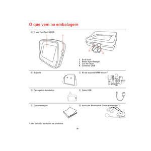 Page 28O que vem na embalagem
30
O que 
vem na 
embala-
gem
* Não incluído em todos os produtos.AO seu TomTom RIDER
1. Ecrã táctil
2. Botão ligar/desligar
3. Luz de carga
4. Conector USB
BSuporteCKit de suporte RAM Mount™
DCarregador domésticoECabo USB
FDocumentaçãoGAuricular Bluetooth® Cardo scala-rider™*
1
2
3
4
Rider3-UG.book  Page 30  Friday, April 23, 2010  5:26 PM 