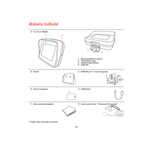 Page 36Æskens indhold
38
Æskens 
indhold
* Følger ikke med alle produkter.ATomTom RIDER
1. Berøringsfølsom skærm
2. Tænd/Sluk-knap
3. Opladningsindikator
4. USB-stik
BHolderCRAM Mount™-monteringssæt
DHjemmeopladerEUSB-kabel
FDokumentationspakkeGCardo scala-rider™ Bluetooth®-headset*
1
2
3
4
Rider3-UG.book  Page 38  Friday, April 23, 2010  5:30 PM 