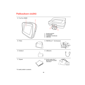 Page 44Pakkauksen sisältö
46
Pakkauk-
sen sisäl-
tö
* Ei sisälly kaikkiin tuotteisiin.ATomTom RIDER
1. Kosketusnäyttö
2. Virtapainike
3. Latauksen merkkivalo
4. USB-liitin
BPidikeCRAM Mount™ -kiinnityssarja
DKotilaturiEUSB-johto
FOppaatGCardo scala-rider™ -
Bluetooth®-kuuloke-
mikrofoni*
1
2
3
4
Rider3-UG.book  Page 46  Friday, April 23, 2010  5:34 PM 