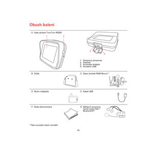 Page 48Obsah balení
50
Obsah 
balení
* Není součástí všech výrobků. AVaše zařízení TomTom RIDER
1. Dotyková obrazovka
2. Vypínač
3. Kontrolka dobíjení
4. Konektor USB
BDržákCSada úchytek RAM Mount™
DStolní nabíječkaEKabel USB
FSada dokumentaceGNáhlavní souprava 
Cardo scala-rider™ 
Bluetooth®*
1
2
3
4
Rider3-UG.book  Page 50  Friday, April 23, 2010  5:40 PM 