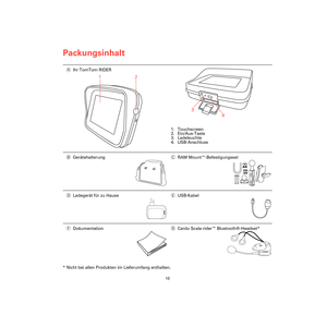 Page 8Packungsinhalt
10
Packung
sinhalt
* Nicht bei allen Produkten im Lieferumfang enthalten.AIhr TomTom RIDER
1. Touchscreen
2. Ein/Aus-Taste
3. Ladeleuchte
4. USB-Anschluss
BGerätehalterungCRAM Mount™-Befestigungsset
DLadegerät für zu HauseEUSB-Kabel
FDokumentationGCardo Scala-rider™ Bluetooth®-Headset*
1
2
3
4
Rider3-UG.book  Page 10  Friday, April 23, 2010  5:00 PM 