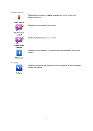 Page 5757 
 
 
 
Voice control 
 
Voice control  
Tap this button to open the Voice control menu which contains the 
following buttons: 
 
Disable voice 
control  
Tap this button to disable voice control. 
 
Enable voice 
control  
Tap this button to enable voice control. 
 
What to say  
Tap this button to see a list of commands you can say when using voice 
control. 
 
Volume 
 
Volume 
 
 
Tap this button to set the volume level for your device. Move the slider to 
change the volume.  