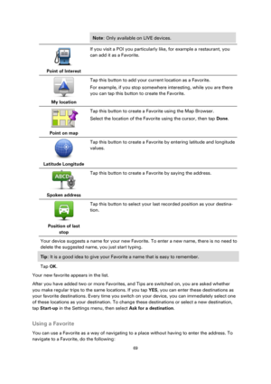 Page 6969 
 
 
 
Note: Only available on LIVE devices. 
 
Point of Interest  
If you visit a POI you particularly like, for example a restaurant, you 
can add it as a Favorite. 
 
My location  
Tap this button to add your current location as a Favorite. 
For example, if you stop somewhere interesting, while you are there 
you can tap this button to create the Favorite. 
 
Point on map  
Tap this button to create a Favorite using the Map Browser. 
Select the location of the Favorite using the cursor, then tap...