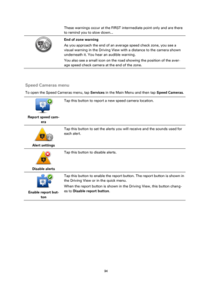 Page 9494 
 
 
 
These warnings occur at the FIRST intermediate point only and are there 
to remind you to slow down... 
  
End of zone warning 
As you approach the end of an average speed check zone, you see a 
visual warning in the Driving View with a distance to the camera shown 
underneath it. You hear an audible warning. 
You also see a small icon on the road showing the position of the aver-
age speed check camera at the end of the zone. 
  
Speed Cameras menu 
To open the Speed Cameras menu, tap Services...