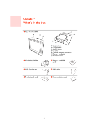 Page 2Chapter 1
What’s in the box
2 
What’s in the box
aYo u r  To m To m O N E
ATouchscreen
BCharging LED
COn/Off button
DSpeaker
EExternal antenna connector
FMemory card slot
GUSB connector
bWindshield HoldercMemory card (SD 
card)
dUSB Car ChargereUSB cable
fProduct code cardgDocumentation pack 