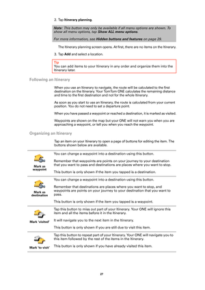 Page 2727 
2. Tap Itinerary planning.
The Itinerary planning screen opens. At first, there are no items on the Itinerary.
3. Tap 
Add and select a location.
Following an Itinerary
When you use an Itinerary to navigate, the route will be calculated to the first 
destination on the Itinerary. Your TomTom ONE calculates the remaining distance 
and time to the first destination and not for the whole Itinerary.
As soon as you start to use an Itinerary, the route is calculated from your current 
position. You do not...
