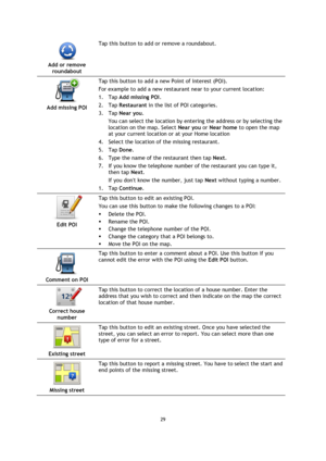 Page 2929 
 
 
 
 
Add or remove 
roundabout  
Tap this button to add or remove a roundabout. 
 
Add missing POI  
Tap this button to add a new Point of Interest (POI). 
For example to add a new restaurant near to your current location: 
1. Tap Add missing POI. 
2. Tap Restaurant in the list of POI categories. 
3. Tap Near you. 
You can select the location by entering the address or by selecting the 
location on the map. Select Near you or Near home to open the map 
at your current location or at your Home...