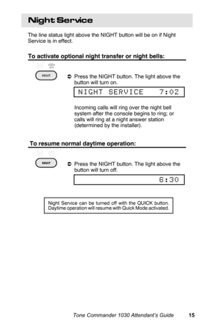 Page 18Night Service
The line status light above the NIGHT button will be on if Night
Service is in effect.
To activate optional night transfer or night bells:
aPress the NIGHT button. The light above the
button will turn on.
 Incoming calls will ring over the night bell
system after the console begins to ring; or
calls will ring at a night answer station
(determined by the installer).
 To resume normal daytime operation:
aPress the NIGHT button. The light above the
button will turn off.
 
NIGHT SERVICE   7:02...