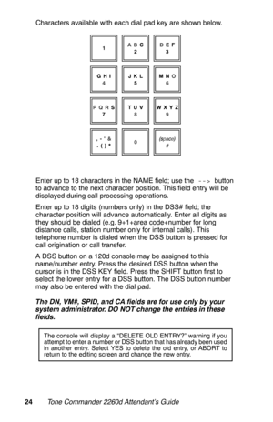 Page 27Characters available with each dial pad key are shown below.
Enter up to 18 characters in the NAME field; use the --> button
to advance to the next character position. This field entry will be
displayed during call processing operations.
Enter up to 18 digits (numbers only) in the DSS# field; the
character position will advance automatically. Enter all digits as
they should be dialed (e.g. 9+1+area code+number for long
distance calls, station number only for internal calls). This
telephone number is...