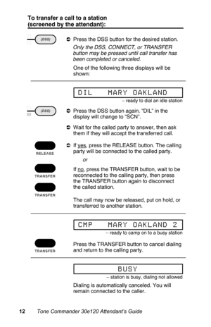 Page 15To transfer a call to a station
(screened by the attendant):
aPress the DSS button for the desired station.
 Only the DSS, CONNECT, or TRANSFER
button may be pressed until call transfer has
been completed or canceled.
 One of the following three displays will be
shown:
aPress the DSS button again. “DIL” in the
display will change to “SCN”.
aWait for the called party to answer, then ask
them if they will accept the transferred call.
aIf 
yes, press the RELEASE button. The calling
party will be connected...