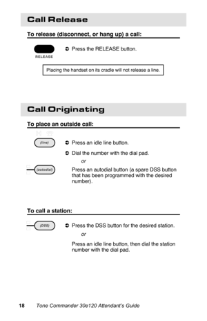 Page 21Call Release
To release (disconnect, or hang up) a call:
aPress the RELEASE button.
 
 
Call Originating
To place an outside call:
aPress an idle line button.
aDial the number with the dial pad.
 Press an autodial button (a spare DSS button
that has been programmed with the desired
number).
 
To call a station:
aPress the DSS button for the desired station.
 Press an idle line button, then dial the station
number with the dial pad.
Placing the handset on its cradle will not release a line.
or
or
18...