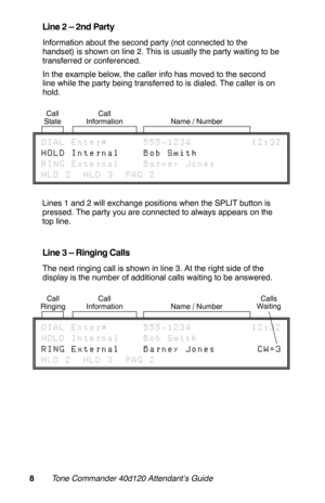 Page 11Line 2 – 2nd Party
Information about the second party (not connected to the
handset) is shown on line 2. This is usually the party waiting to be
transferred or conferenced.
In the example below, the caller info has moved to the second
line while the party being transferred to is dialed. The caller is on
hold. 
Lines 1 and 2 will exchange positions when the SPLIT button is
pressed. The party you are connected to always appears on the
top line.
Line 3 – Ringing Calls
The next ringing call is shown in line...