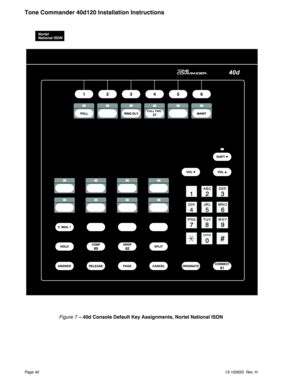 Page 40Page 4013-102633 Rev. H
Tone Commander 40d120 Installation Instructions
®
CALL FWD57
Figure 7– 40d Console Default Key Assignments, Nortel National ISDN
Nortel
National ISDN 