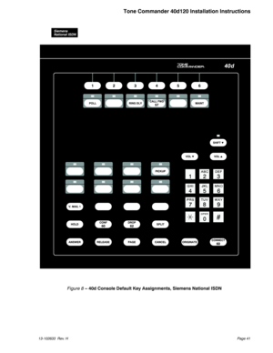 Page 4113-102633 Rev. HPage 41
Tone Commander 40d120 Installation Instructions
®
Figure 8– 40d Console Default Key Assignments, Siemens National ISDN
Siemens
National ISDN 