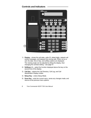 Page 52Tone Commander 6220T-TSG User Manual
Controls and Indicators   __________________
CallSetupDoneMoreMessage
Tran
Conf
Drop
Hold
Vol
Vol
Mute
Spkr
1
4
72
5
8
03
6
9ABCDEF
GHIJ
KL
MNO
PQRSTUVWXYZ
OPER
1) Display – shows the call state, caller ID, dialed digits, network call
control messages, and elapsed time during calls. When not on a
call, the date, time of day, and softkey options are displayed.
The viewing angle can be adjusted by tilting the display, then
changing the contrast setting – see page 51....