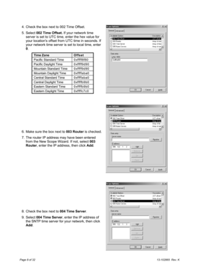 Page 8Page 8 of 3213-102865  Rev. K
  4.  Check the box next to 002 Time Offset.
  5. Select 002 Time Offset. If your network time
server is set to UTC time, enter the hex value for
your locations offset from UTC time in seconds. If
your network time server is set to local time, enter
0.
Time ZoneOffset
Pacific Standard Time 0xffff8f80
Pacific Daylight Time 0xffff9d90
Mountain Standard Time 0 xffff9d90
Mountain Daylight Time 0 xffffaba0
Central Standard Time 0xffffaba0
Central Daylight Time 0xffffb9b0
Eastern...