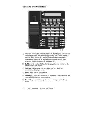 Page 72Tone Commander 7210/7220 User Manual
Controls and Indicators   __________________
1) Display – shows the call state, caller ID, dialed digits, network call
control messages, and elapsed time during calls. When not on a
call, the date, time of day, and softkey options are displayed.
The viewing angle can be adjusted by tilting the display, then
changing the contrast setting – see page 67.
2) Softkeys (4) – select the function displayed above the key on the
second line of the display.
3) Call Key –...