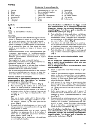 Page 1919
NORSK Forklaring til generell oversikt 
1Ramme 
2Skruer 
3Støtte 
4 Indre spor (A) 
5 Ytre spor (B) 
6Rammerør 
7Låseplate 8Støtteplate (Kun for LS0714) 
9 Det minste hullet i støtten 
10 Justeringsskrue 
11 Fremre hull i verktøyfoten 
12 Fremre hull i støttene 
13 Skrue 
14 Mutter 15 Festeplater 
16 Ytre hull (a) 
17 Indre hull (b) 
18 De største hullene 
19 Ytre ramme 
20 Indre ramme 
Symboler 
ADVARSEL: 
Les nøye gjennom denne håndboken og brukerhånd-
boken for verktøyet du bruker, og forviss deg...