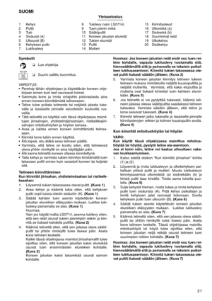 Page 2121
SUOMI Yleisselostus 
1Kehys 
2 Pultit 
3Tuki 
4Sisäurat (A) 
5 Ulkourat (B) 
6 Kehyksen putki 
7 Lukituslevy 8 Tukilevy (vain LS0714) 
9 Tuen pienin reikä 
10 Säätöpultti 
11 Koneen jalustan etureiät 
12 Tukien etureiät 
13 Pultti 
14 Mutteri 15 Kiinnityslevyt 
16 Ulkoreikä (a) 
17 Sisäreikä (b) 
18 Suurimmat reiät 
19 Ulkokehys 
20 Sisäkehys 
Symbolit 
VAROITUS: 
Perehdy tähän ohjekirjaan ja käytettävän koneen ohje-
kirjaan ennen kuin teet seuraavat toimet. 
Sammuta kone ja irrota virtajohto...