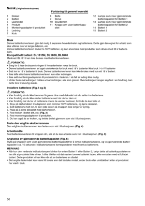 Page 30
0

1	 Deksel2	 Batteri
	 Låshendel
4	 Produkt
5	 Monteringsadapter	til	produktet
6	 Ledning7	 Krok
8	 Belte9	 Skrue10	 Skulderrem
11	 Knapp	som	viser	batterikapa-sitet12	 Lampe	som	viser	gjenværende	
batterikapasitet	for	Batteri	1
1	 Lampe	som	viser	gjenværende	 batterikapasitet	for	Batteri	2
14	 Batteri	1
15	 Batteri	2
Norsk (Originalinstruksjoner)Forklaring til generell oversikt
BrukDenne	batterikonverteren	gjør	det	mulig	å	separere	hovedenheten	og	batteriene. 	Dette	gjør	den	egnet	for...