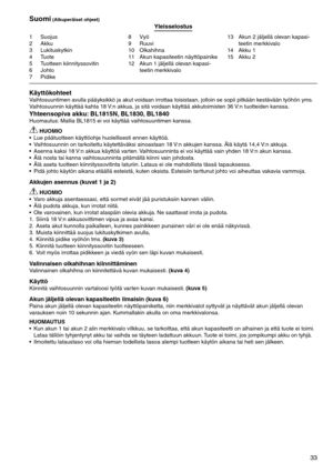 Page 33

1	 Suojus2	 Akku
	 Lukituskytkin
4	 Tuote
5	 Tuotteen	kiinnityssovitin
6	 Johto7	 Pidike
8	 Vyö9	 Ruuvi10	 Olkahihna
11	 Akun	kapasiteetin	näyttöpainike
12	 Akun	1	jäljellä	olevan	kapasi
-
teetin	merkkivalo 1	 Akun	2	jäljellä	olevan	kapasi
-
teetin	merkkivalo
14	 Akku	1
15	 Akku	2
Suomi (Alkuperäiset ohjeet)Yleisselostus
KäyttökohteetVaihtosuuntimen	avulla	pääyksikkö	ja	akut	voidaan	irrottaa	toisistaan,	jolloin	se	sopii	pitkään	kestävään	työhön	yms.
Vaihtosuunnin	käyttää	kahta	18...