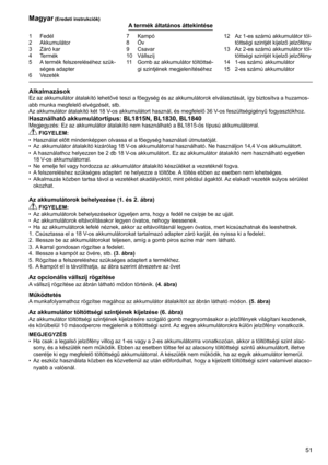 Page 51
51
1	 Fedél2	 Akkumulátor
3	 Záró	kar
4	 Termék
5	 A	termék	felszereléséhez	szük-
séges	adapter
6	 Vezeték
7	 Kampó8	 Öv9	 Csavar10	 Vállszíj
11	 Gomb	az	akkumulátor	töltöttsé-
gi	szintjének	megjelenítéséhez 12	 Az	1-es	számú	akkumulátor	töl
-
töttségi	szintjét	kijelző	jelzőfény
13	 Az	2-es	számú	akkumulátor	töl
-
töttségi	szintjét	kijelző	jelzőfény
14	 1-es	számú	akkumulátor
15	 2-es	számú	akkumulátor
Magyar (Eredeti instrukciók)A termék áltatános áttekintése
AlkalmazásokEz	az	akkumulátor	átalakító...