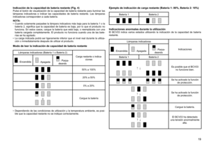 Page 19
19

Indicación de la capacidad de batería restante (Fig. 4)Pulse	el	botón	 de	visualización	 de	la	capacidad	 de	batería	 restante	 para	iluminar	 las	
lámparas	 indicadoras	 e	indicar	 las	capacidades	 de	batería	 restante.	 Las	lámparas	
indicadoras	corresponden	a	cada	batería.
NOTA:
•	 Cuando	 solamente	 parpadee	la	lámpara	 indicadora	 más	baja	 para	 la	batería	 1	o	la	
batería  2,  significa  que  la  capacidad  de  batería  es  baja,  por  lo  que  el  producto  no 
funciona.	 En	estos	 casos,...