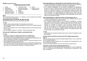 Page 30
0

1	 Knapp2	 Batteripakke
	 Batterikonverter
4	 Lampe	som	viser	gjenværende	batteri
-
kapasitet	for	Batteri	1 5	 Lampe	som	viser	
gjenværende	batteri
-
kapasitet	for	Batteri	2
6	 Knapp7	 Batterivern8	 Fremspring
9	 Skruer
10	 Knapp	som	viser	
batterikapasitet
Norsk (Originalinstruksjoner)Forklaring til generell oversikt
BrukDenne	 batterikonverteren	 bruker	to	18	 V	batterier,	 og	kan	 anvendes	 med	produkter	
som	drives	med	6	V	batteristrøm.
Kompatibelt batteri: BL1815N, BL1830,...