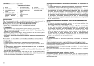 Page 42
42

1	 Poga2	 Akumulators
3 Akumulatoru pārvei-dotājs
4	 Akumulatoru	atliku-šās jaudas indikatora lampiņa 1. akumula-toram 5	 Akumulatoru	atliku
-šās jaudas indikatora lampiņa 2. akumula-toram6	 Poga
7	 Akumulatora	aiz-sargs8	 Izcilnis 9 
Skrūves
10	 Akumulatora	jaudas	
pārbaudes poga
Latviešu (Tulkojums no oriģinālvalodas)Kopskata skaidrojums
IzmantojamībaŠajā  akumulatoru  pārveidotājā  ir  paredzēts  ievietot  divus  18 V  akumulatorus,  lai  to 
varētu izmantot tādu ierīču darbināšanai, kuru...