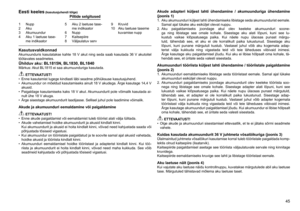 Page 45
45
1	 Nupp2	 Aku
	 Akumuundur
4	 Aku	1	laetuse	tase
-
me	indikaator 5	 Aku	2	laetuse	tase
-
me	indikaator
6	 Nupp7	 Kaitsepiire
8	 Väljaulatuv	serv
9	 Kruvid
10	 Aku	laetuse	taseme	 kuvamise	nupp
Eesti keeles (kasutusjuhendi tõlge)Piltide selgitused
KasutusvaldkonnadAkumuunduris	 kasutatakse	kahte	18	V	akut	 ning	seda	 saab	kasutada	 6	 V	akutoitel	
töötavates	seadmetes.
Ühilduv aku: BL1815N, BL1830, BL1840Märkus:	 Akut	BL1815	ei	saa	akumuunduriga	kasutada.
 ETTEVAATUST!
•	 Enne	kasutamist...