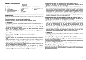 Page 9
9
1	 Knopf2	 Akku
	 Akku-Adapter
4	 Akku-Restkapazitäts-Anzeigelampe	für	
Akku	1
5	 Akku-Restkapazitäts-Anzeigelampe	für	
Akku	2
6	 Knopf7	 Akku-Schutz8	 Vorsprung
9	 Schrauben10	 Akkukapazität-Anzei-getaste
Deutsch (Originale Anleitungen)Übersicht
AnwendungenDieser	 Akku-Adapter	 verwendet	zwei	18-V-Akkus	 und	kann	 mit	6-V-Akkugeräten	 ein-
gesetzt	werden.
Kompatibler Akku: BL1815N, BL1830, BL1840Hinweis:	BL1815	kann	nicht	mit	die	 Akku-Adapter	verwendet	werden.
 VORSICHT:
•	 Lesen	 Sie	vor...