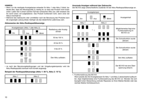 Page 10
10

HINWEIS:
•	 Wenn	nur	die	niedrigste	 Anzeigelampe	 entweder	für	Akku	 1	oder	 Akku	 2	blinkt,	 be-
deutet	 dies,	dass	die	Akkukapazität	 zu	niedrig	 ist,	so	dass	 das	Produkt	 nicht	funkti-
oniert.	 Laden	 Sie	in	einem	 solchen	 Fall	den	 schwachen	 Akku	auf,	oder	 ersetzen	 Sie	
ihn	 durch	 einen	voll	aufgeladenen.	 Das	Produkt	 funktioniert	 nicht,	wenn	einer	der	
Akkus	erschöpft	ist.
•	 Während	 des	Gebrauchs	 oder	unmittelbar	 nach	der	Benutzung	 des	Produkts	 kann	
die	angezeigte	Ladung	etwas...