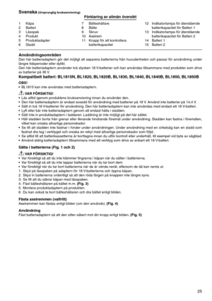 Page 25
25
1	 Kåpa2	 Batteri
	 Låsspak
4	 Produkt5	 Produktadapter6	 Sladd
7	 Bälteshållare8	 Bälte9	 Skruv10	 Axelrem
11	 Knapp	för	att	kontrollera	
batterikapacitet12	 Indikatorlampa	för	återstående	
batterikapacitet	för	Batteri	1
1	 Indikatorlampa	för	återstående	 batterikapacitet	för	Batteri	2
14	 Batteri	1
15	 Batteri	2
Svenska (Ursprunglig bruksanvisning)Förklaring av allmän översikt
AnvändningsområdenDen	 här	batteriadaptern	 gör	det	möjligt	 att	separera	 batterierna	 från	huvudenheten	 och...