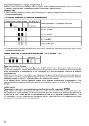 Page 60
60
Индикация оставшегося заряда батареи (Рис. 6)Нажмите	кнопку	индикации	 оставшейся	 емкости	батареи,	 чтобы	загорелись	 индикаторные	 лампы	и	отобразился	
оставшийся	заряд	батарей.	Индикаторные	лампы	соответствуют	каждой	батарее.
ПРИМЕЧАНИЕ:
•	 Указанный	 заряд	может	 быть	немного	 ниже	действительного	 уровня	во	время	 использования	 или	сразу	 после	
использования	изделия.
Что означает индикация оставшегося заряда батареи
Индикаторные	лампы	(Батарея	1	или	Батарея	2)
Оставшийся	заряд	и	содержание...