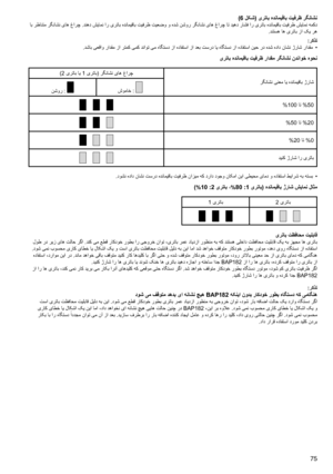 Page 75
75
)6 لکش( یرتاب هدنامیقاب تیفرظ رگناشن اب رظانتم رگناشن یاه غارچ .دنهد شیامن ار یرتاب هدنامیقاب تیفرظ تیعضو و هدش نشور رگناشن یاه غارچ ات دیهد راشف ار یرتاب هدنامیقاب تیفرظ شیامن همکد.دنتسه اه یرتاب زا کی ره
:رکذت
.دشاب یعقاو رادقم زا رتمک یمک دناوت یم هاگتسد زا هدافتسا زا دعب تسرد ای هاگتسد زا هدافتسا نیح رد هدش هداد ناشن ژراش رادقم  
•
یرتاب هدنامیقاب تیفرظ رادقم رگناشن ندناوخ هوحن
)2 یرتاب ای 1 یرتاب( رگناشن یاه غارچ
رگناشن ینعم ای هدنامیقاب ژراش
نشور : شوماخ : 
%100 ات %50
%50 ات %20
%20 ات %0
دینک...