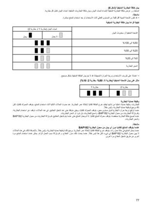 Page 77
77
)6 لكش( ةیقبتملا ةیراطبلا ةقاط نایب.ةیراطب لك لباقت نایبلا تابمل .ةیقبتملا تایراطبلا ةقاط نایبو نایبلا تابمل ةءاضلإ ةیقبتملا ةیراطبلا ةقاط ضرع رز طغضا
:ةظحلام
.ةرشابم جتنملا مادختسا دعب وأ مادختسلاا ءانثأ يلعفلا ىوتسملا نم لایلق لقأ ةنیبملا ةنحشلا نوكت دق  
•
ةیقبتملا ةیراطبلا ةقاط نایب ةءارق ةیفیك
)2 ةیراطب وأ 1 ةیراطب( نایبلا تابمل
نایبلا تایوتحم وأ ةیقبتملا ةنحشلا
لمعی : 
لمعی لا : 
%100 ىلإ %50
%50 ىلإ %20
%20 ىلإ %0
ةیراطبلا نحشا
.حیحص لكشب ةیقبتملا ةقاطلا نایب متی لا دق ،ةطیحملا ةرارحلا ةجردو...