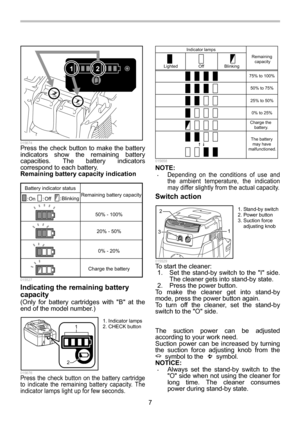 Page 7
7 
1212
  015674 Press the check button to make the battery 
indicators show the remaining battery 
capacities. The ba ttery indicators 
correspond to each battery. 
Remaining battery capacity indication 
B atter y ind icator  status
Remain ing  batter y capac it y
50 % -  100%
20 % -  50%
0 % -  20%
C harge  the  batter y
On Off Bli
nki ng
  015527 
Indicating the remaining battery 
capacity 
(Only for battery cartridges with B at the 
end of the model number.) 
1
2
  015676 Press the check button on...