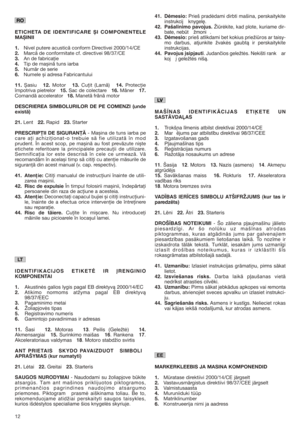 Page 1212
ETICHETA DE IDENTIFICARE ȘI COMPONENTELE
MAȘINII 
1.Nivel putere acustică conform Directivei 2000/14/CE
2.Marcă de conformitate cf. directivei 98/37/CE
3.An de fabricaţie
4.Tip de mașină tuns iarba
5.Număr de serie
6.Numele și adresa Fabricantului
11.Șasiu   12.Motor   13.Cuţit (Lamă)   14.Protecţie
împotriva pietrelor   15.Sac de colectare   16.Mâner   17.
Comandă accelerator   18.Manetă frână motor
DESCRIEREA SIMBOLURILOR DE PE COMENZI (unde
există)
21.Lent   22.Rapid   23.Starter 
PRESCRIPŢII DE...